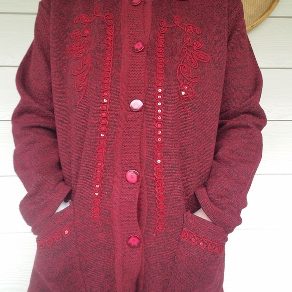 Mid-Length Modern Cardigan Sweater Sequin Gorgeous Deep Burgundy/Black - Picture 11 of 14